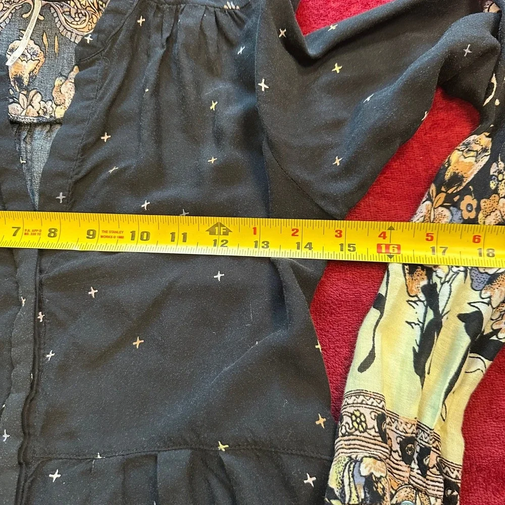 Free People Black Floral Paisley Border Print LS Mini‎ Dress Boho Pockets